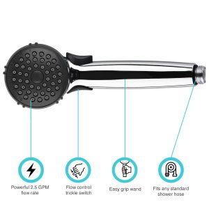 Dura Faucet Shower Head, Hand Held, With Single Function Flow Setting, Polished Chrome Plated, Plastic, With Flow Control Switch – DF-SA400-CP