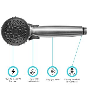 Dura Faucet Shower Head, Hand Held, With Single Function Flow Setting, Brushed Satin Nickel Plated, Plastic, With Flow Control Switch – DF-SA400-SN