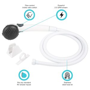 Dura Faucet Shower Head, Hand-Held with 60 Inch Stainless Steel Hose, Single Spray Function, White – DF-SA400K-WT