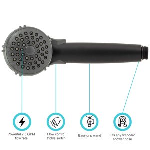 Dura Faucet Shower Head, Hand Held, With Single Function Flow Setting, Plastic, With Flow Control Switch – DF-SA400-MB