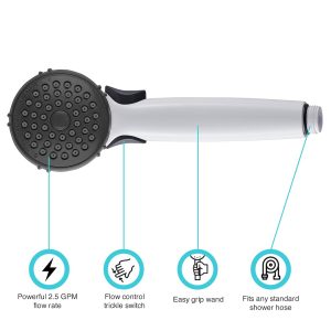Dura Faucet Shower Head, Hand Held, With Single Function Flow Setting, White, Plastic, With Flow Control Switch – DF-SA400-WT