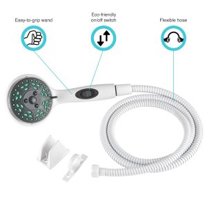 Dura Faucet Shower Head, Hand Held, Four Function Flow Setting, Water Saving On/Off Switch, White – DF-SA432K-WT