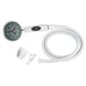 Dura Faucet Shower Head, Hand Held, Four Function Flow Setting, Water Saving On/Off Switch, White – DF-SA432K-WT