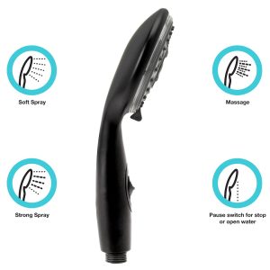 Dura Faucet Shower Head, Hand Held, Four Function Flow Setting – DF-SA432-MB