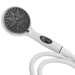 Dura Faucet Shower Head, Hand Held, Four Function Flow Setting, White, Water Saving On/Off Switch – DF-SA432-WT