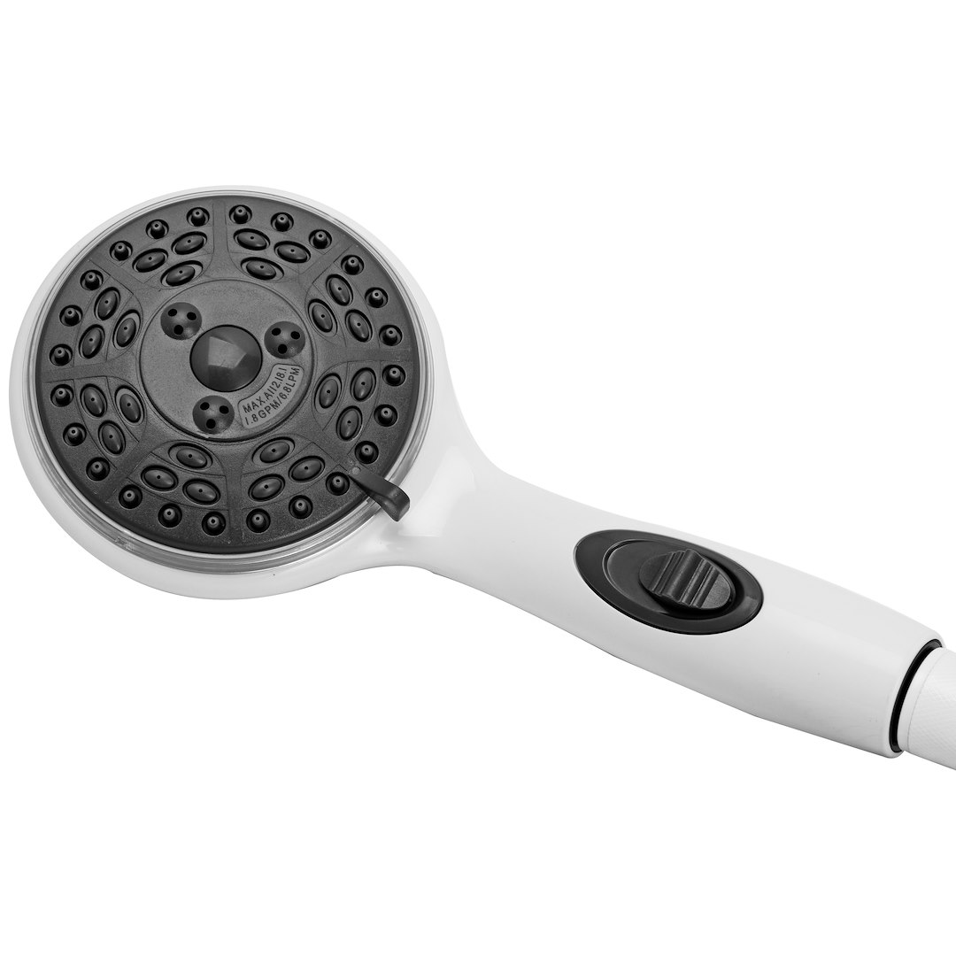 Dura Faucet Shower Head, Hand Held, Four Function Flow Setting, White, Water Saving On/Off Switch – DF-SA432-WT