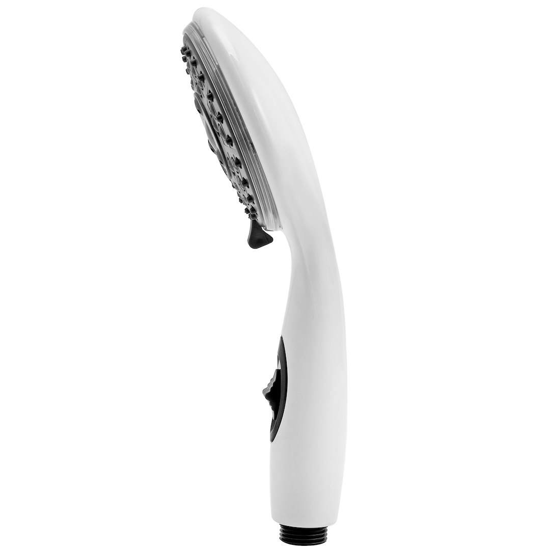 Dura Faucet Shower Head, Hand Held, Four Function Flow Setting, White, Water Saving On/Off Switch – DF-SA432-WT