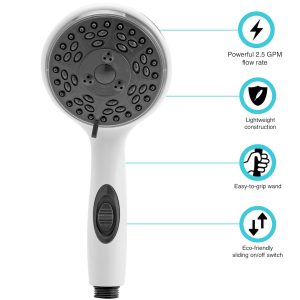 Dura Faucet Shower Head, Hand Held, Four Function Flow Setting, White, Water Saving On/Off Switch – DF-SA432-WT