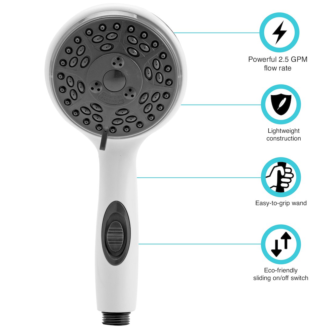 Dura Faucet Shower Head, Hand Held, Four Function Flow Setting, White, Water Saving On/Off Switch – DF-SA432-WT