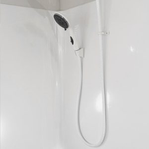 Dura Faucet Shower Head, Hand Held, Four Function Flow Setting, White, Water Saving On/Off Switch – DF-SA432-WT