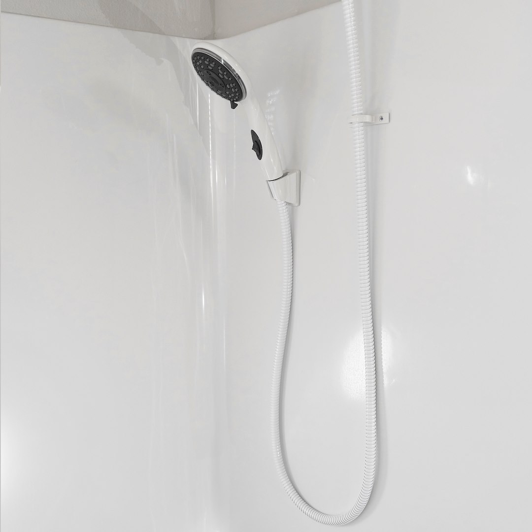Dura Faucet Shower Head, Hand Held, Four Function Flow Setting, White, Water Saving On/Off Switch – DF-SA432-WT