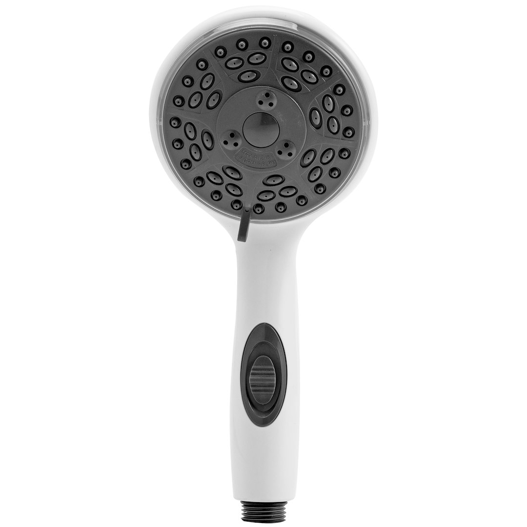 Dura Faucet Shower Head, Hand Held, Four Function Flow Setting, White, Water Saving On/Off Switch – DF-SA432-WT