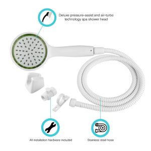 Dura Faucet Shower Head, Hand Held with 60 Inch Stainless Steel Hose, Single Spray Function, White, With Mounting Bracket/ Hose Ring – DF-SA470K-WT