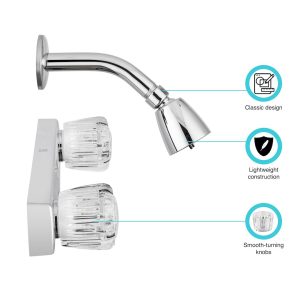 Dura Faucet Shower Control Valve, 2 Valve, Single Piece Wall Mount, 8 Inch Center Distance, Crystal Acrylic Knob Handle – DF-SA601A-CP