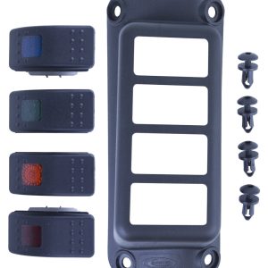 Daystar Switch Panel, With 1 Blue Illuminated Switch/ 1 Green Illuminated Switch/ 1 Orange Illuminated Switch/ 1 Red Illuminated Switch – KJ71056BK