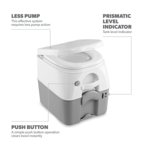 Dometic Toilet, 976 Model, Portable, 5 Gallon Size, Push Button Pressurized Flush, Gray ABS Plastic – 301097606