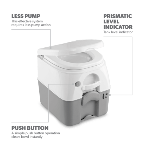 Dometic Toilet, 976 Model, Portable, 5 Gallon Size, Push Button Pressurized Flush, Gray ABS Plastic – 301097606