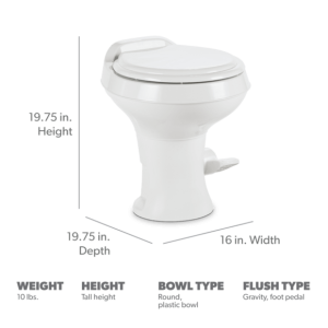 Dometic Toilet, 300 Series, Permanent, Round Seat with 18 Inch Seat Height, Pedal Flush Control, Triple-Jet Bowl Rinse, White, Plastic – 302300071