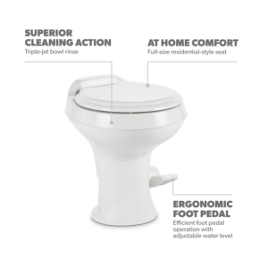 Dometic Toilet, 300 Series, Permanent, Round Seat with 18 Inch Seat Height, Pedal Flush Control, Triple-Jet Bowl Rinse, White, Plastic – 302300071