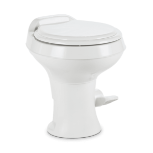 Dometic Toilet, 300 Series, Permanent, Round Seat with 18 Inch Seat Height, Pedal Flush Control, Triple-Jet Bowl Rinse, White, Plastic – 302300071