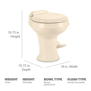 Dometic Toilet, 300 Series, Permanent, Round Seat with 18 Inch Seat Height, Pedal Flush Control, Triple-Jet Bowl Rinse, Bone, Plastic – 302300073