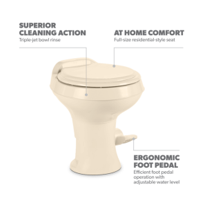 Dometic Toilet, 300 Series, Permanent, Round Seat with 18 Inch Seat Height, Pedal Flush Control, Triple-Jet Bowl Rinse, Bone, Plastic – 302300073
