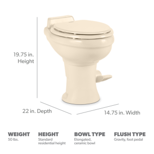 Dometic Toilet, 320 Series, Permanent, Elongated Seat with 18 Inch Seat Height, Pedal Flush Control – 302320083