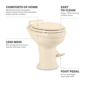 Dometic Toilet, 320 Series, Permanent, Elongated Seat with 18 Inch Seat Height, Pedal Flush Control – 302320083