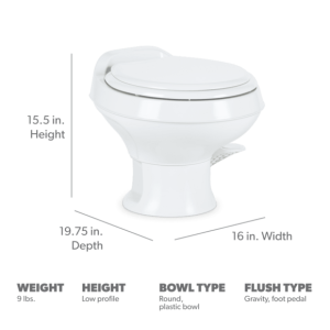Dometic Toilet, 301 Series, Permanent, Round Seat with 13-1/2 Inch Seat Height, Pedal Flush Control, Triple-Jet Bowl Rinse, White, Plastic – 302301671