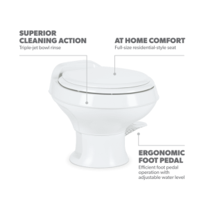 Dometic Toilet, 301 Series, Permanent, Round Seat with 13-1/2 Inch Seat Height, Pedal Flush Control, Triple-Jet Bowl Rinse, White, Plastic – 302301671