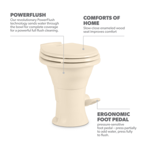 Dometic Toilet, 310 Series, Standard Profile, 18 Inch Seat Height, Slow Close Enameled Wood Seat, Pedal Flush Control – 302310083