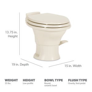 Dometic Toilet, 311 Series, Permanent, Low Profile, Round Seat with 13-1/2 Inch Seat Height, Pedal Flush Control, Triple-Jet Bowl Rinse – 302311683