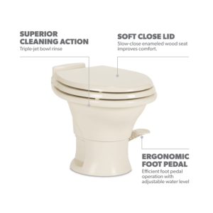 Dometic Toilet, 311 Series, Permanent, Low Profile, Round Seat with 13-1/2 Inch Seat Height, Pedal Flush Control, Triple-Jet Bowl Rinse – 302311683