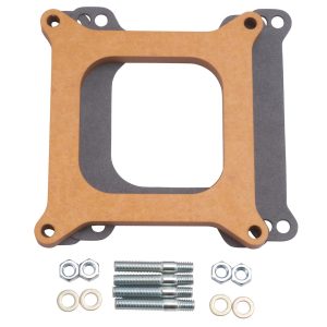 Edelbrock Carburetor Spacer, For Use with Square Bore Flange, Open Center, 1/2 Inch Thick, Laminate, Wood Fiber, With Gasket, Studs and Washers – 8724